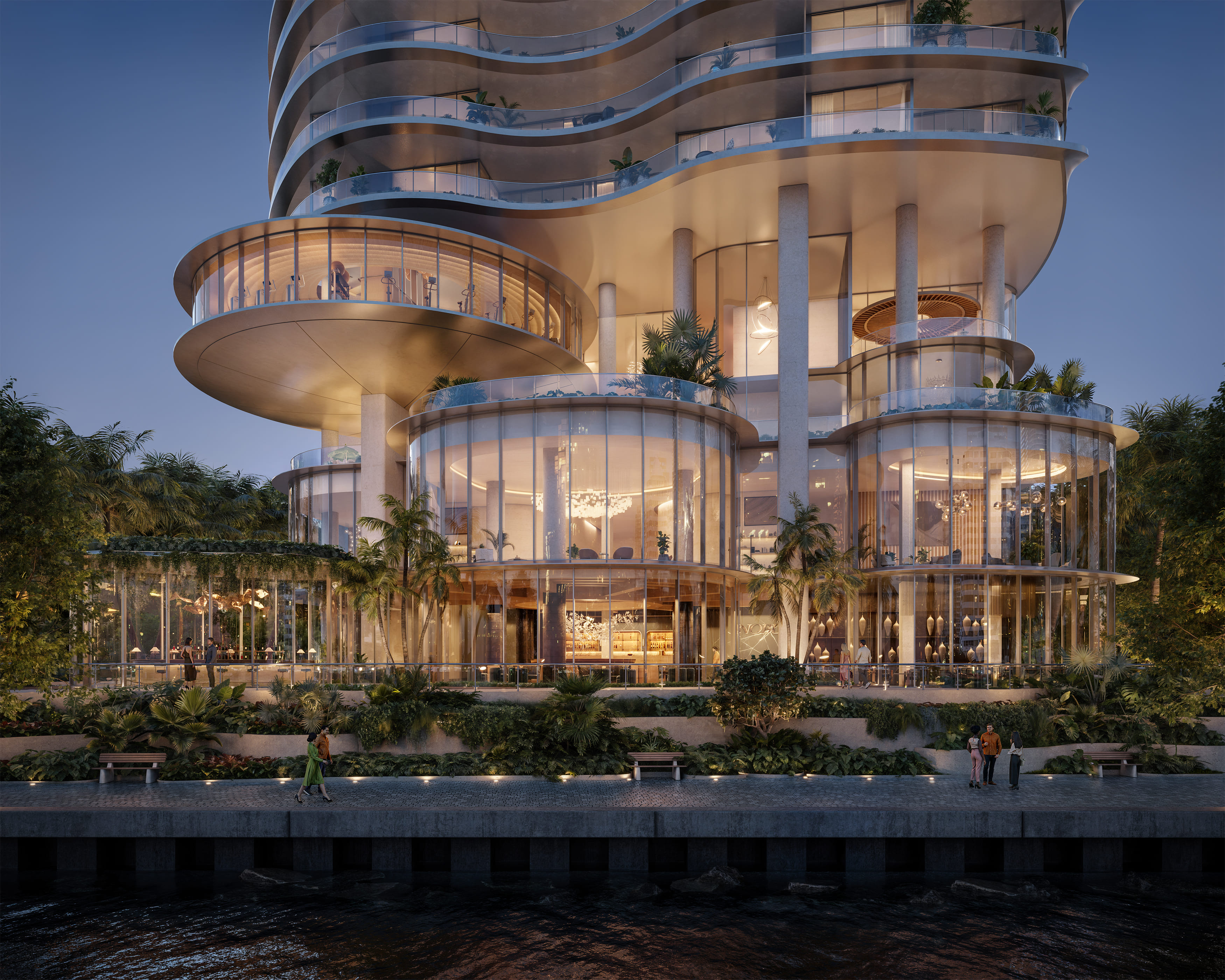 Base de la torre Nobu Residences con paseo marítimo y arquitectura escultural